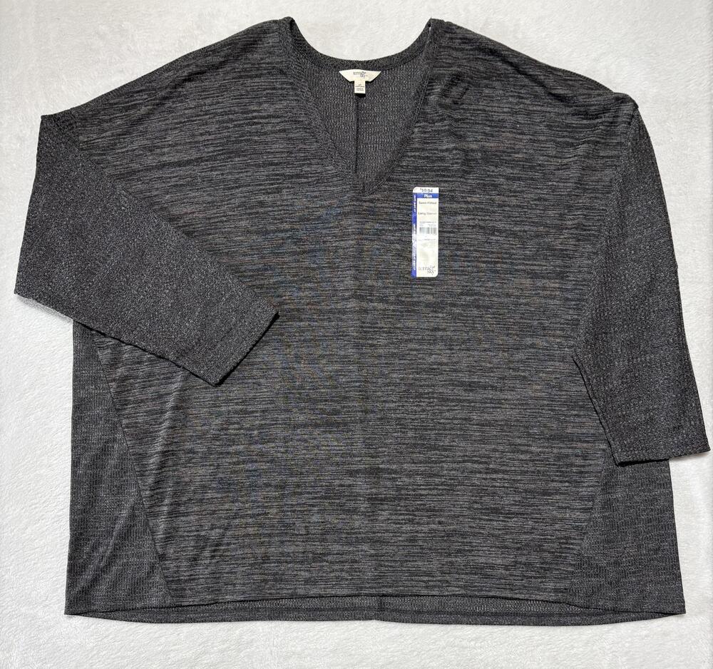 Terra & Sky Shirt Womens 4X Black V-Neck Long Sleeve Thermal Rib Plus Top